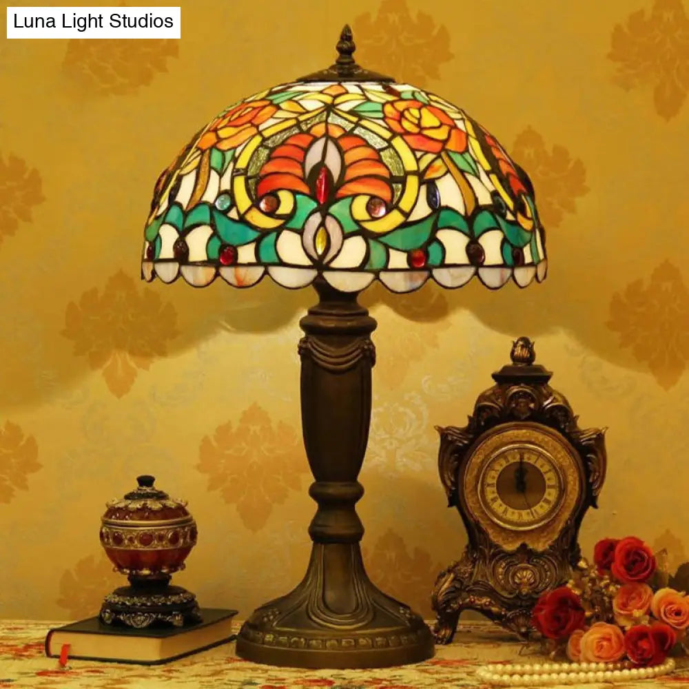 Victorian Domed Cut Glass Night Table Light - Beige/Orange Floral Desk Lamp