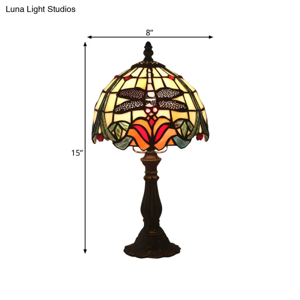 Victorian Dragonfly And Floral Patterned Table Lamp - Stained Glass Red/Orange Dome Shade With