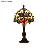 Victorian Dragonfly And Floral Patterned Table Lamp - Stained Glass Red/Orange Dome Shade With