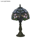 Victorian Dragonfly And Floral Patterned Table Lamp - Stained Glass Red/Orange Dome Shade With