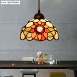Victorian Floral Ceiling Pendant Light Fixture For Dining Room - Beige/Red/Pink Cut Glass Hanging