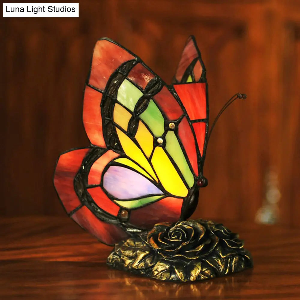 Victorian Flower Resin Table Lamp With Butterfly Cut Glass Shade - Red Night Light