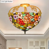 Victorian Green Floral Ceiling Light With Cut Glass - 3 Semi Mount Lights For Bedroom