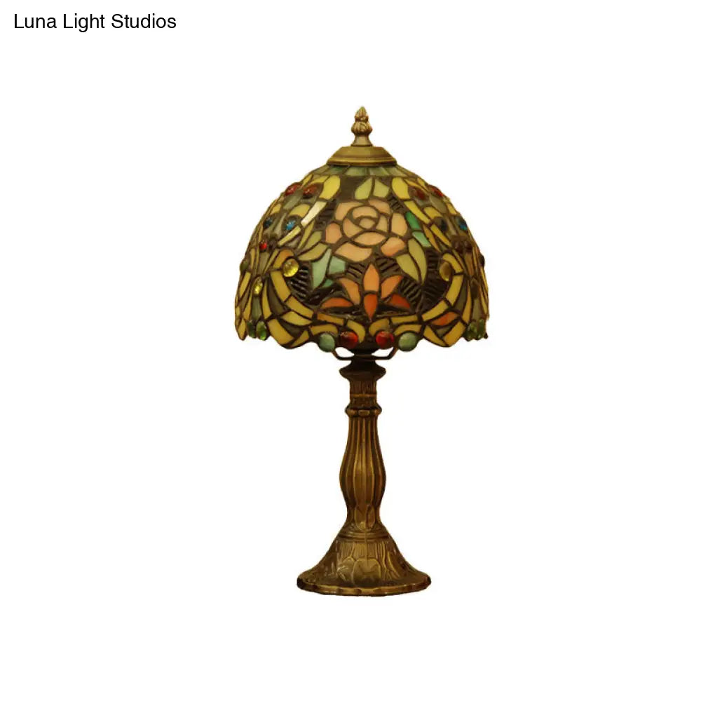Victorian Hand Cut Glass Dome Shaped Bronze Table Light - Blossom Pattern Nightstand Lighting