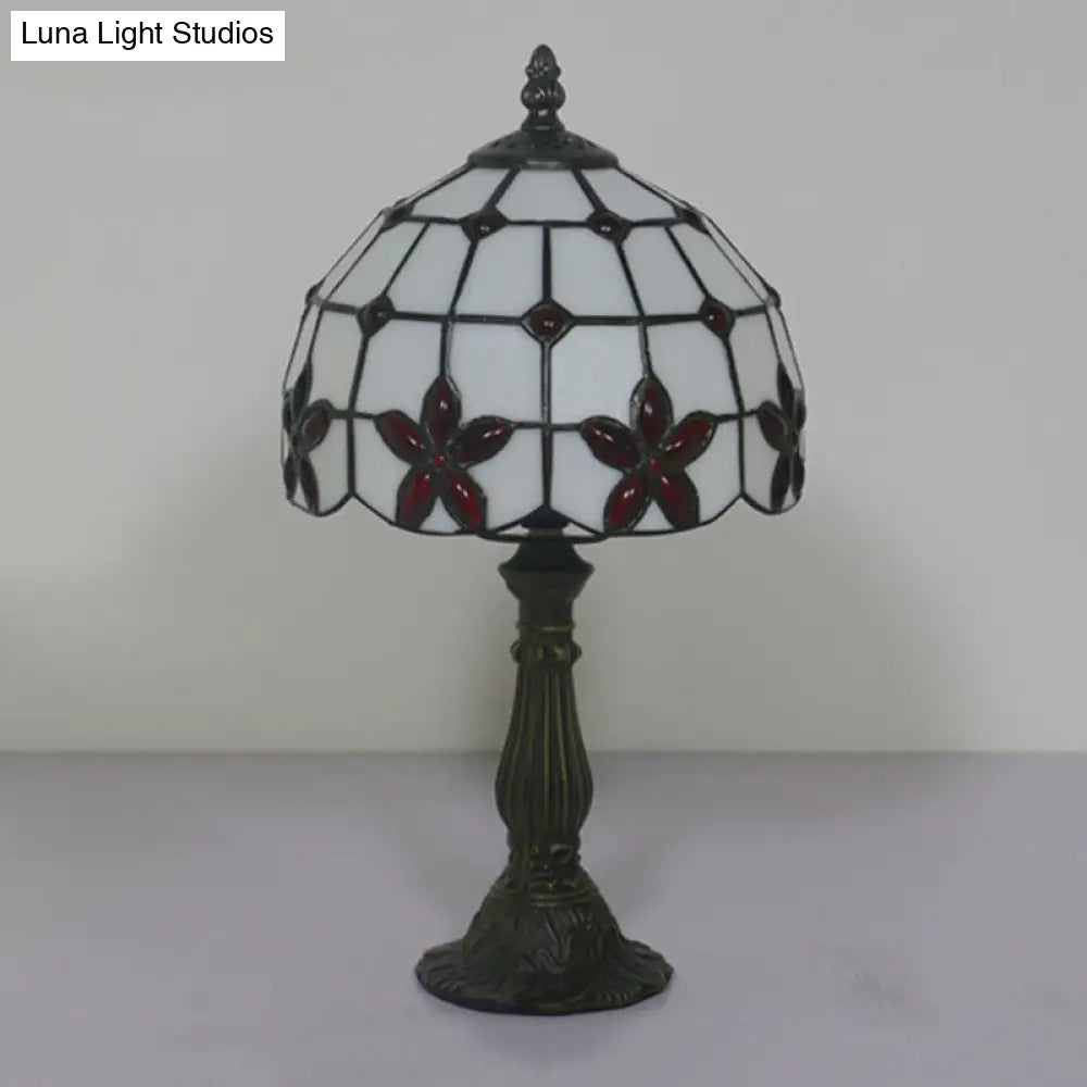 Victorian Lattice Glass Table Lamp - White Bowl Design 1 Light Red/Yellow/Blue Floral Pattern