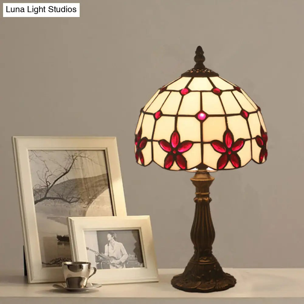 Victorian Lattice Glass Table Lamp - White Bowl Design 1 Light Red/Yellow/Blue Floral Pattern