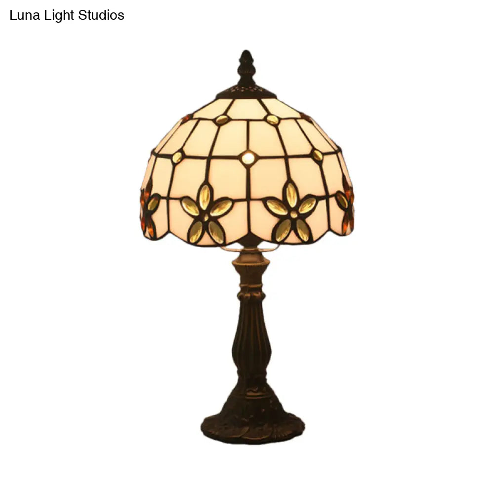 Victorian Lattice Glass Table Lamp - White Bowl Design 1 Light Red/Yellow/Blue Floral Pattern