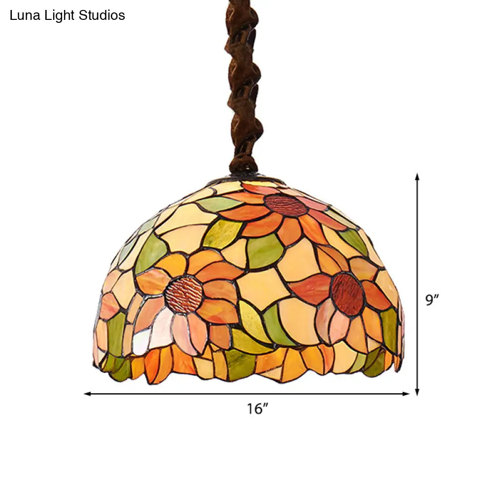Victorian Orange Stained Glass Sunflower Pendant Lamp 1 Head Down Lighting 12’/16’ Wide