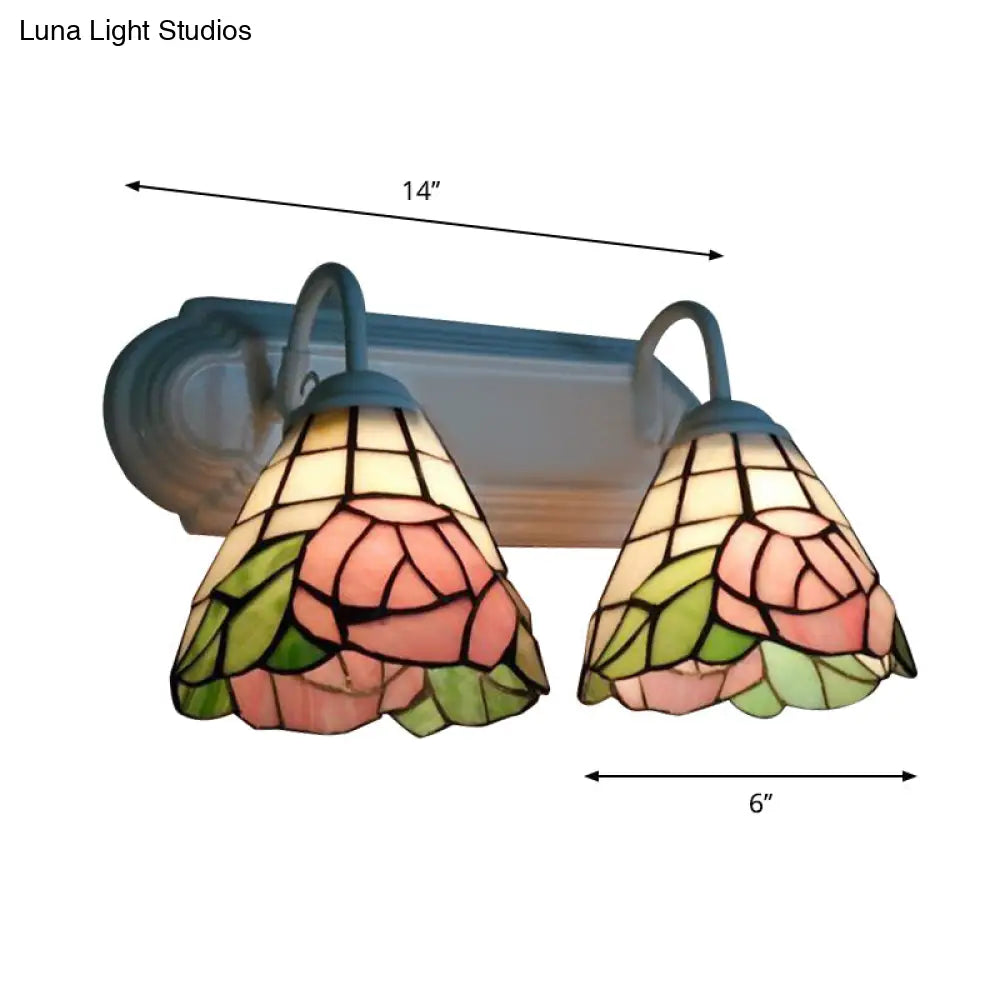 Victorian Pink Rose Wall Sconce Light With Stained Glass - 2 Heads Multicolor Lighting