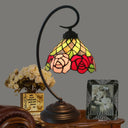 Victorian Stained Art Glass Rose Patterned Desk Lamp In Dark Coffee - Table With 1 Head