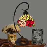 Victorian Stained Art Glass Rose Patterned Desk Lamp In Dark Coffee - Table With 1 Head