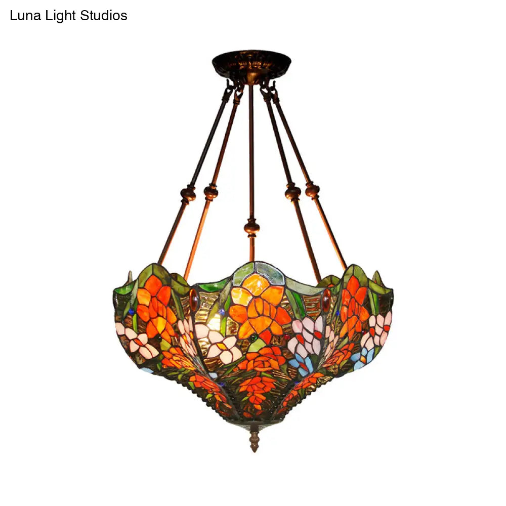 Victorian Stained Glass Ceiling Light With 3 Blossom Semi-Flush Mount Lights In Red/Orange/Green