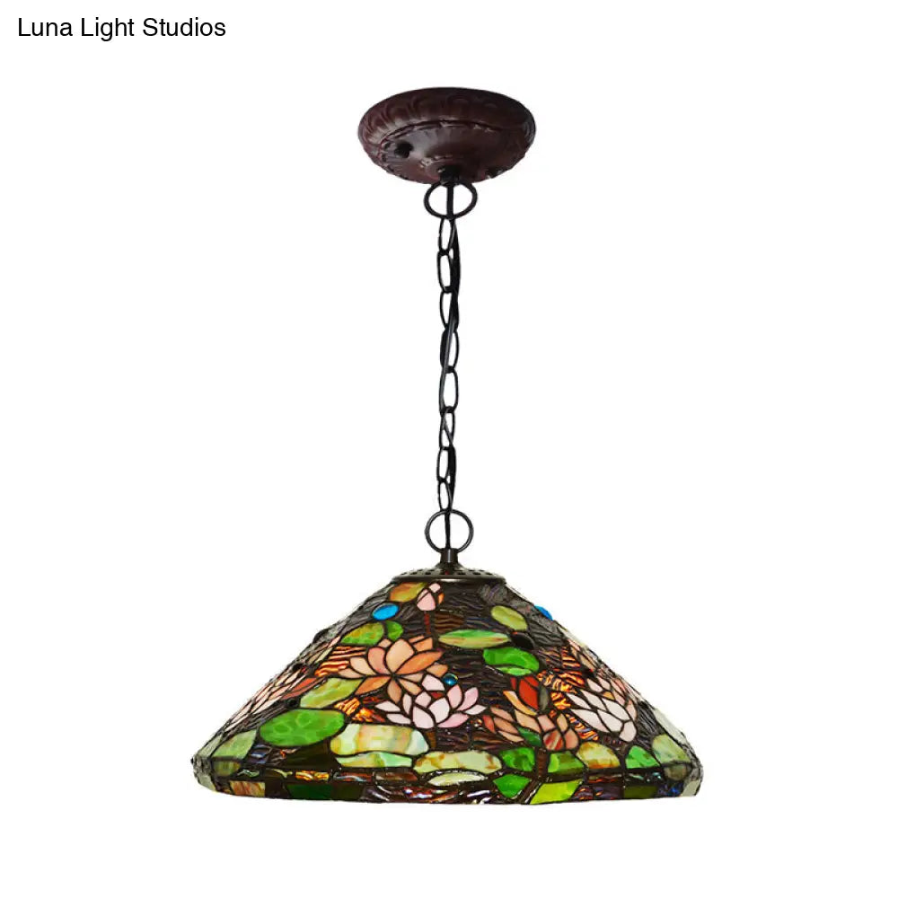 Victorian Stained Glass Chandelier - Green Blossom Pendant with 2 Lights Green