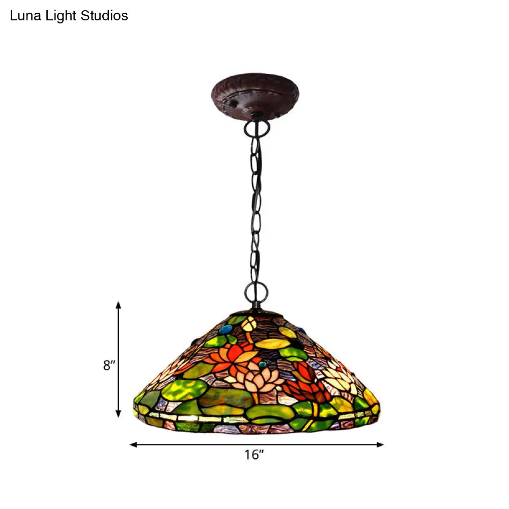 Victorian Style Green Stained Glass Chandelier Pendant With 2 Lights