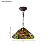 Victorian Style Green Stained Glass Chandelier Pendant With 2 Lights