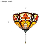 Victorian Stained Glass Floral Wall Lamp With Pull Chain - 1 Light Sconce