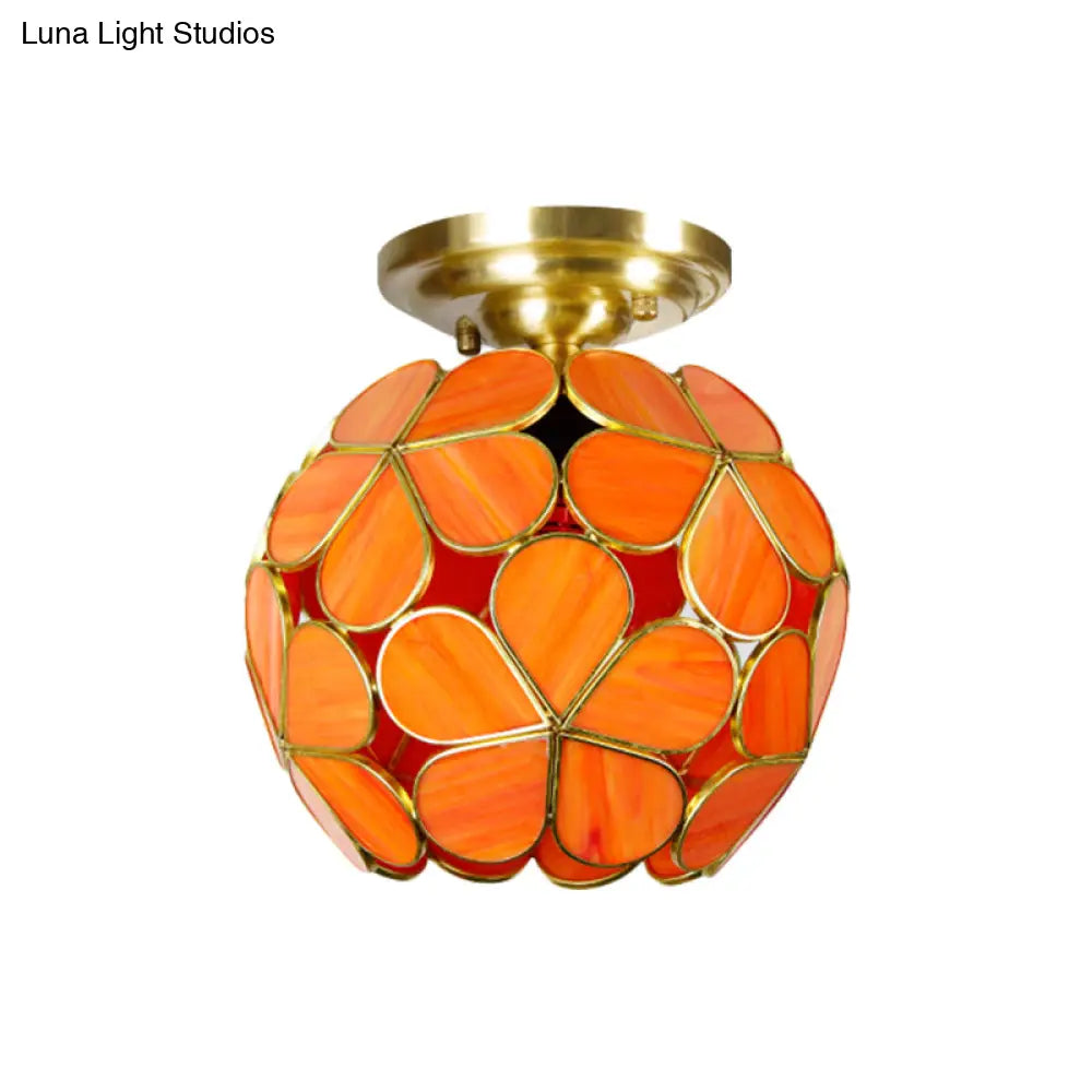 Victorian Stained Glass Flower Ceiling Light In White/Pink/Orange Semi - Mount
