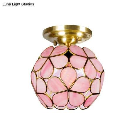 Victorian Stained Glass Flower Ceiling Light In White/Pink/Orange Semi - Mount