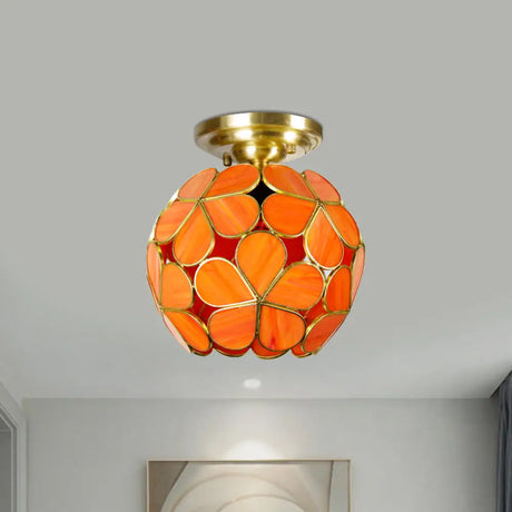 Victorian Stained Glass Flower Ceiling Light In White/Pink/Orange Semi - Mount Orange