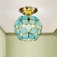 Victorian Stained Glass Flower Ceiling Light In White/Pink/Orange Semi - Mount Blue