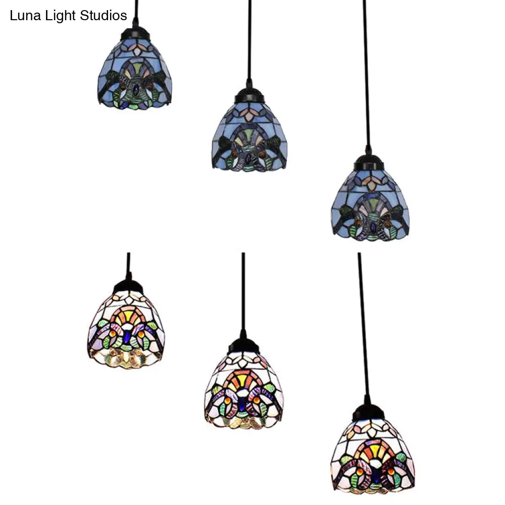 Victorian Stained Glass Hanging Pendant With Domed Design - White 3 Lights Ideal For Dining Room