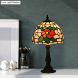 Victorian Stained Glass Pink/Purple Rose Night Lamp With Dome Shade - 1 Light Table Lighting