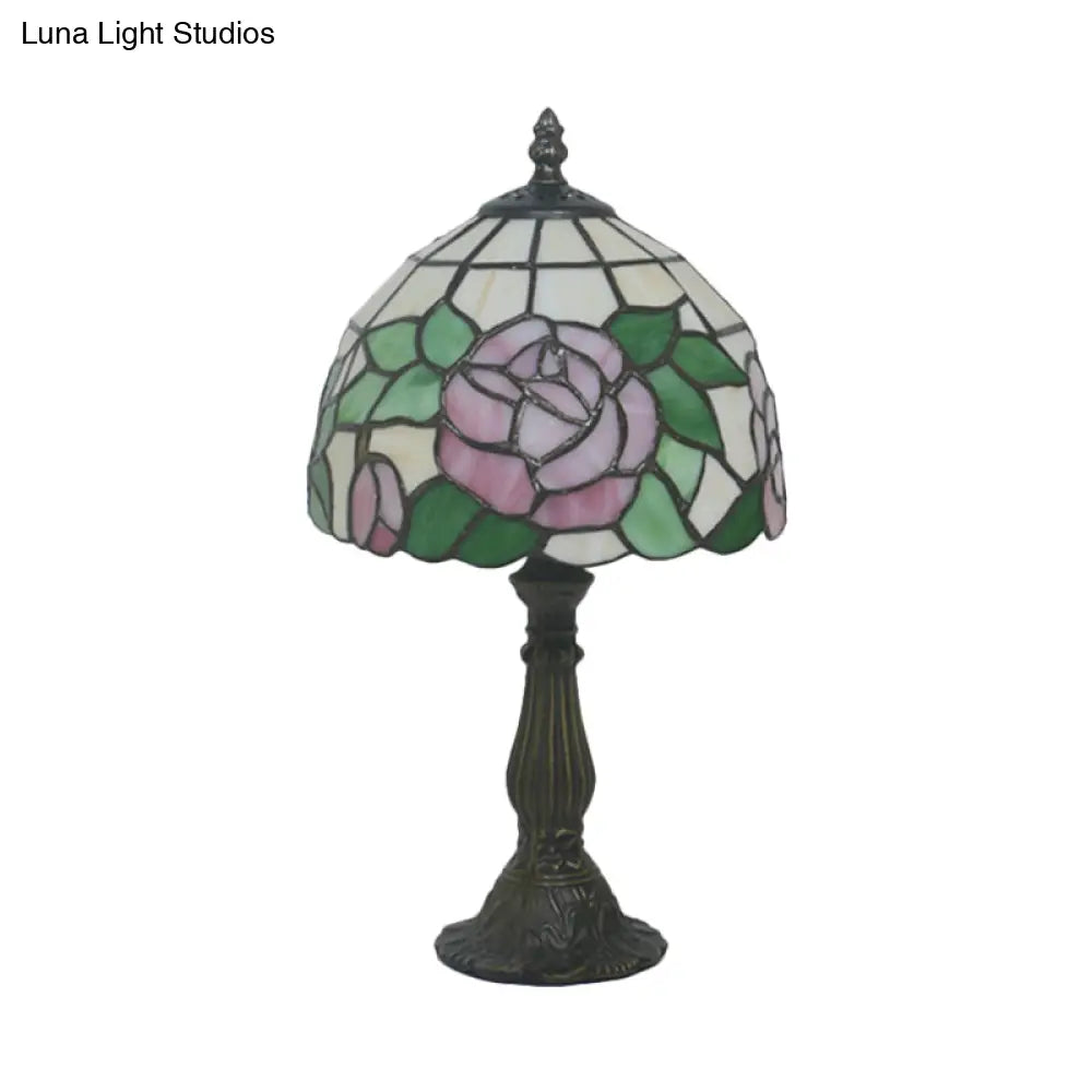 Victorian Stained Glass Pink/Purple Rose Night Lamp With Dome Shade - 1 Light Table Lighting