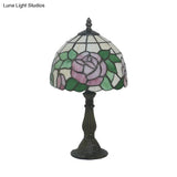 Victorian Stained Glass Pink/Purple Rose Night Lamp With Dome Shade - 1 Light Table Lighting