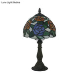 Victorian Stained Glass Pink/Purple Rose Night Lamp With Dome Shade - 1 Light Table Lighting