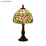 Victorian Stained Glass Pink/Purple Rose Night Lamp With Dome Shade - 1 Light Table Lighting