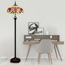 Victorian Stained Glass Rose Floor Lamp With 2 Green Reading Heads And Dome Shade