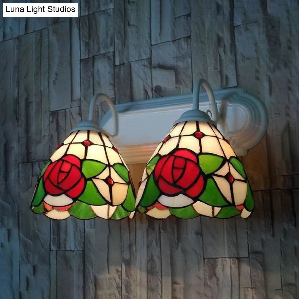 Victorian Stained Glass Rose Wall Sconce Light With 2 Red Heads