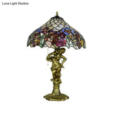 Victorian Stained Glass Table Lamp With Pull Chain - Roseborder Design 3 Heads Bronze Sculpture