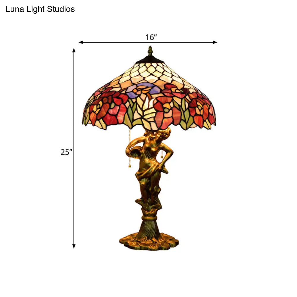 Victorian Stained Glass Table Lamp With Pull Chain - Roseborder Design 3 Heads Bronze Sculpture