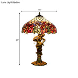 Victorian Stained Glass Table Lamp With Pull Chain - Roseborder Design 3 Heads Bronze Sculpture
