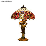 Victorian Stained Glass Table Lamp With Pull Chain - Roseborder Design 3 Heads Bronze Sculpture