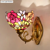Victorian Stained Glass Wall Light With Gold Bowl Shade And Petal Pattern