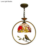 Victorian Style Domed Pendant Ceiling Light With Stainless Glass Brass Ring And Bird Accent