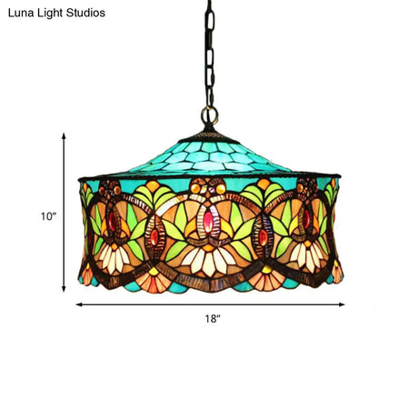 Victorian-Style Stained Glass Drum Pendant Light For Living Room - 18’ W