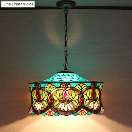 Victorian-Style Stained Glass Drum Pendant Light For Living Room - 18’ W