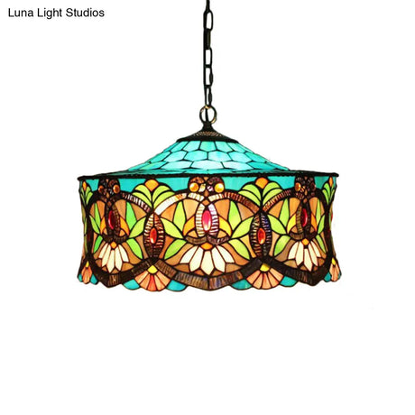 Victorian-Style Stained Glass Drum Pendant Light For Living Room - 18’ W
