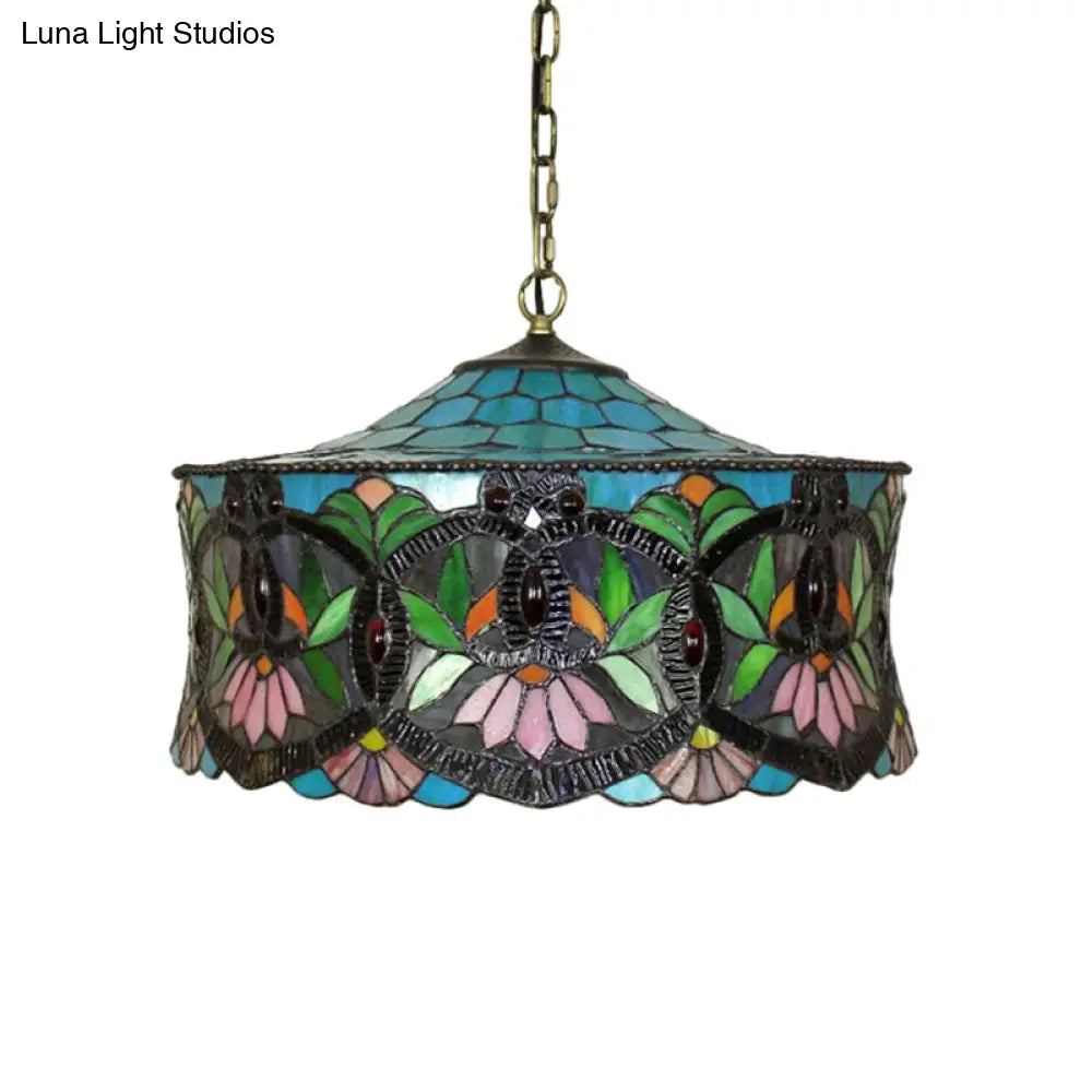 Victorian-Style Stained Glass Drum Pendant Light For Living Room - 18’ W