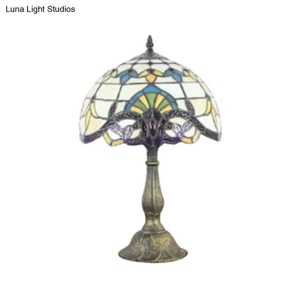 Victorian Tiffany Dome Shade Desk Light - Stained Glass Reading Lamp In Gold/Brown For Bedroom