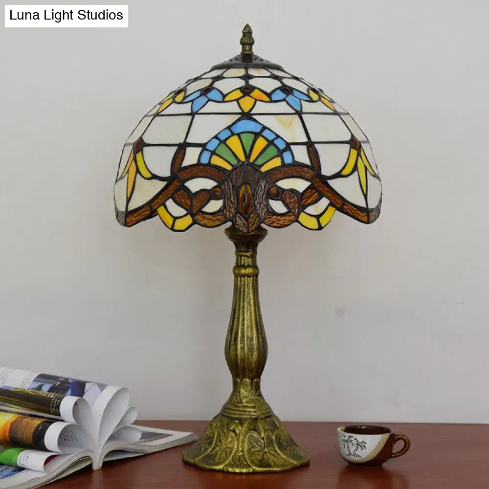 Victorian Tiffany Dome Shade Desk Light - Stained Glass Reading Lamp In Gold/Brown For Bedroom