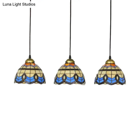 Victorian Tiffany Stained Glass Pendant Light With 3-Bulb Suspension - Blue For Living Room