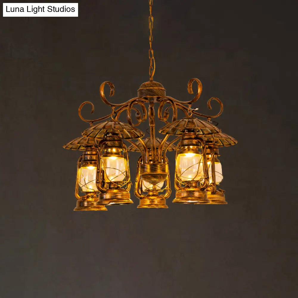 Village Style 5-Light Aged Brass Lantern Chandelier For Dining Room