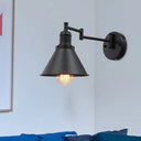 Vintage 1-Bulb Swing Arm Iron Sconce Lighting In Black For Coffee Shops - Conical Shade Wall Lamp