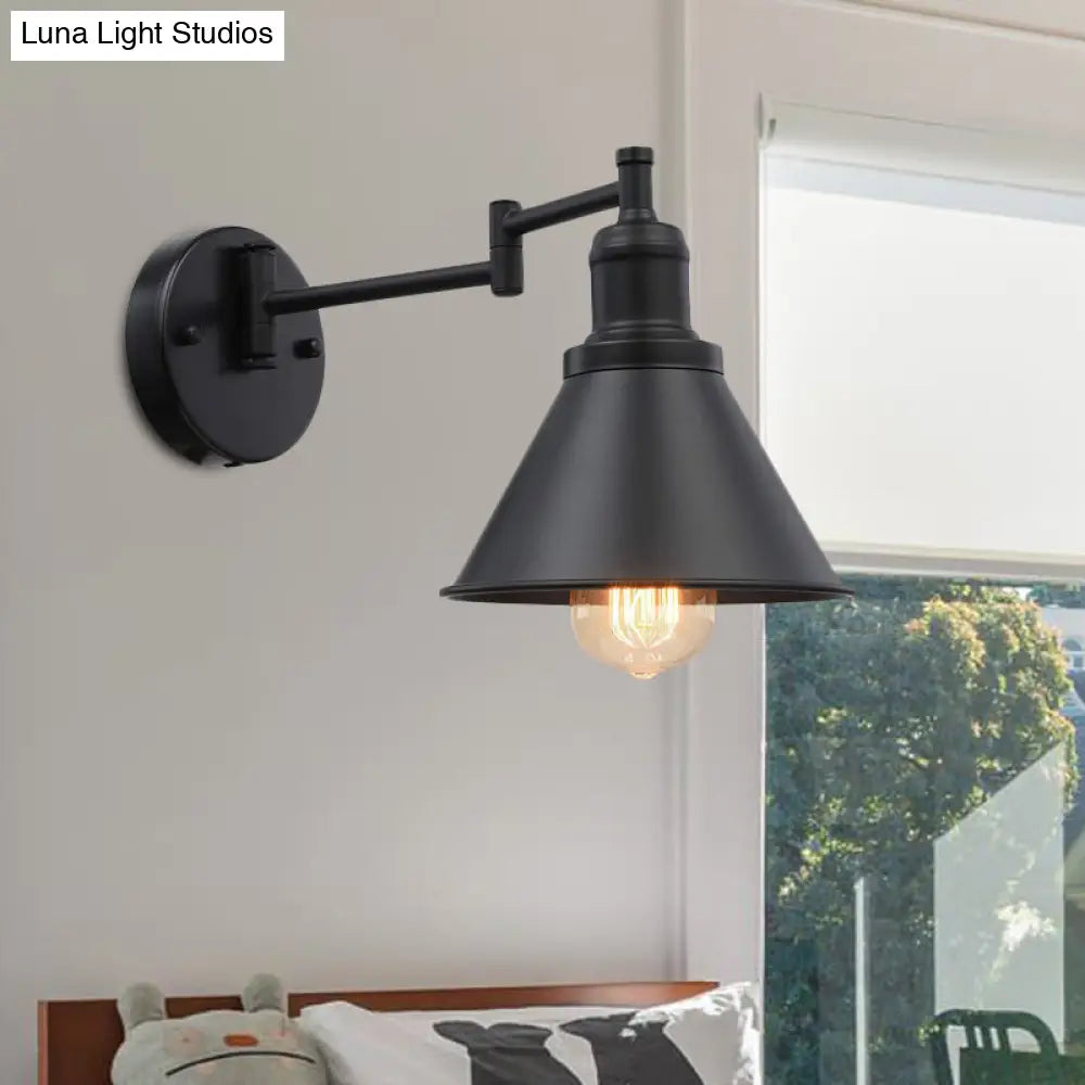 Vintage 1-Bulb Swing Arm Iron Sconce Lighting In Black For Coffee Shops - Conical Shade Wall Lamp