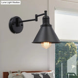 Vintage 1-Bulb Swing Arm Iron Sconce Lighting In Black For Coffee Shops - Conical Shade Wall Lamp