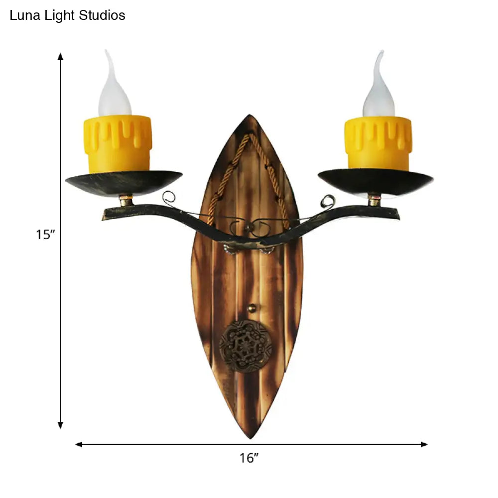 Vintage 2-Light Candle Sconce With Wood Backplate In Black Resin Wall Mount